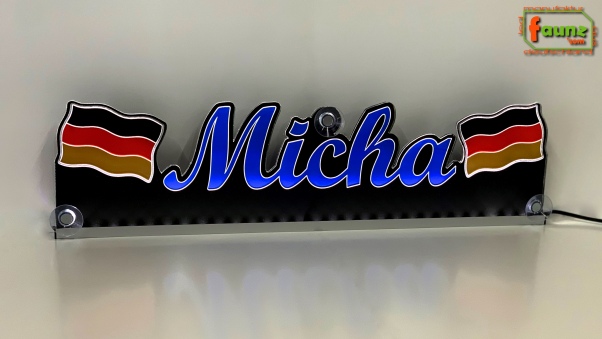 LED Namensschild Symbolik Flagge Deutschland BRD Gravur "Micha" oder Wunschname + beliebige Fahne horizontal dreifarbig als Konturschnitt - Truckerschild Neonschild Leuchtschild