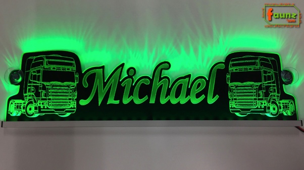 LED Namensschild Detailzeichnung Zugmaschine Gravur "Michael" oder Wunschname als Konturschnitt - Truckerschild Neonschild Leuchtschild