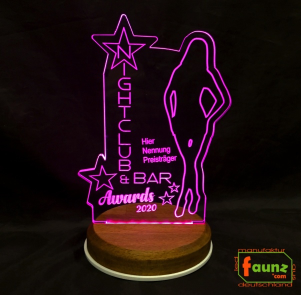 LED Pokal Auszeichnung Aufsteller Acrylglas Gravur "Nightclub" individuelle Beschriftung mobil Akku Batterie betrieben USB aufladbar