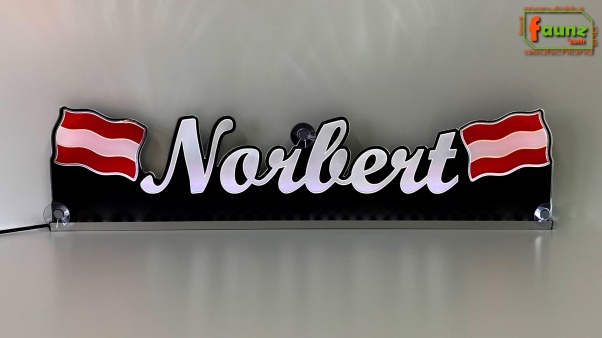 LED Namensschild Symbolik Flagge Österreich Gravur "Norbert" oder Wunschname + beliebige Fahne horizontal dreifarbig als Konturschnitt - Truckerschild Neonschild Leuchtschild