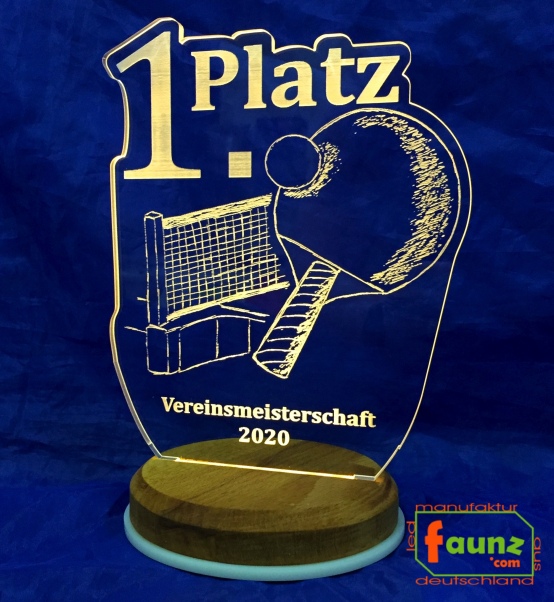 LED Pokal Auszeichnung Trophäe Aufsteller Acrylglas Gravur "Tischtennis" individuelle Beschriftung mobil Akku Batterie betrieben USB aufladbar