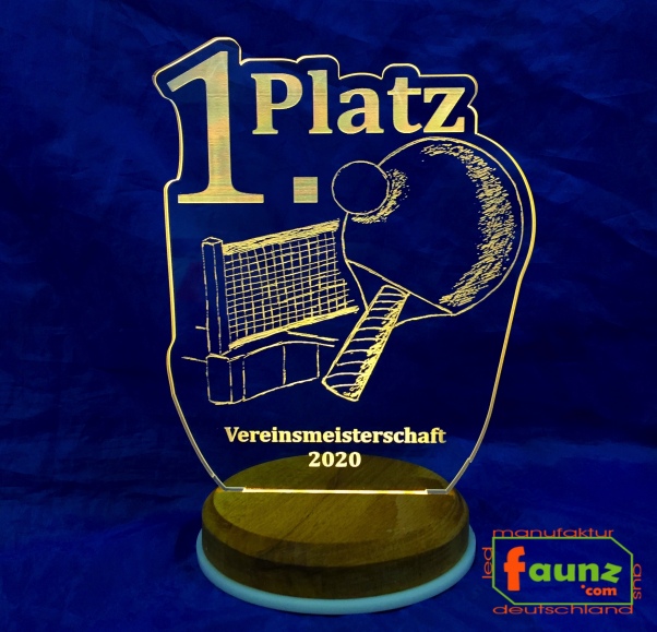 LED Pokal Auszeichnung Trophäe Aufsteller Acrylglas Gravur "Tischtennis" individuelle Beschriftung mobil Akku Batterie betrieben USB aufladbar