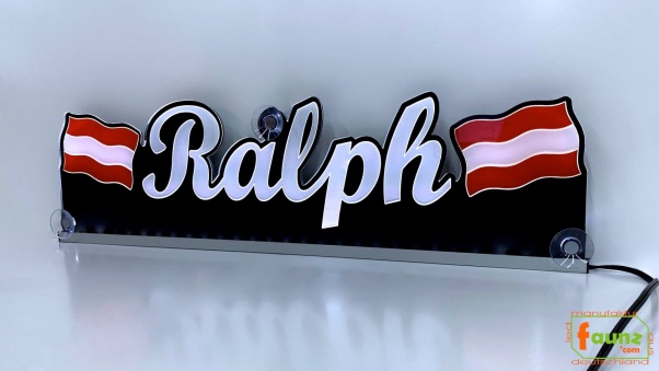 LED Namensschild Symbolik Flagge Österreich Gravur "Ralph" oder Wunschname + beliebige Fahne horizontal dreifarbig als Konturschnitt - Truckerschild Neonschild Leuchtschild