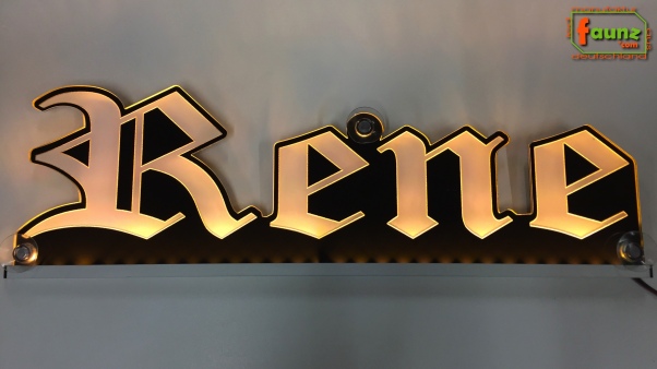LED Namensschild Gravur "Rene" oder Wunschname in Frakturschrift Altdeutsch als Konturschnitt - Truckerschild Neonschild Leuchtschild