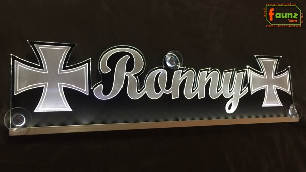 LED Namensschild Symbolik Eisernes Kreuz Gravur "Ronny" oder Wunschname als Konturschnitt - Truckerschild Neonschild Leuchtschild