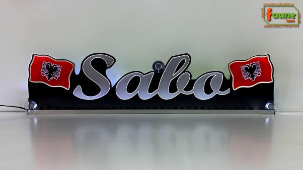 LED Namensschild Symbolik Flagge Albanien Gravur "Sabo" oder Wunschname + beliebige Fahne horizontal bis dreifarbig als Konturschnitt - Truckerschild Neonschild Leuchtschild