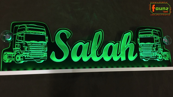 LED Namensschild Detailzeichnung Zugmaschine Gravur "Salah" oder Wunschname als Konturschnitt - Truckerschild Neonschild Leuchtschild