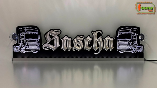 LED Namensschild Detailzeichnung Zugmaschine Gravur "Sascha" oder Wunschname in Frakturschrift Altdeutsch als Konturschnitt - Truckerschild Neonschild Leuchtschild
