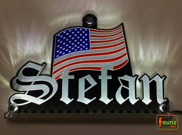 Ihr LED Wunschname "Stefan + US Flagge" Namensschild Leuchtschild Truckerschild