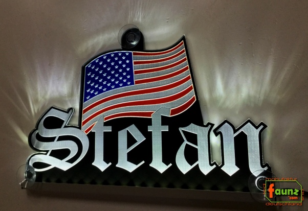 Ihr LED Wunschname "Stefan + US Flagge" Namensschild Leuchtschild Truckerschild