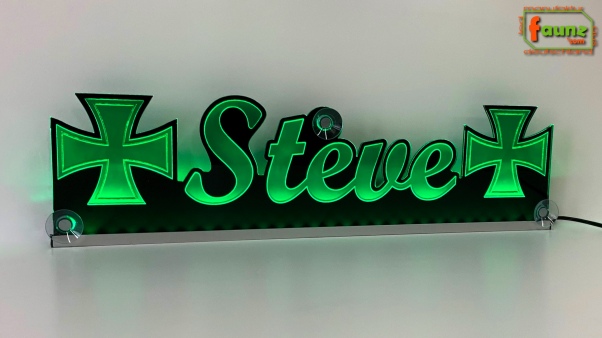 LED Namensschild Symbolik Eisernes Kreuz Gravur "Steve" oder Wunschname als Konturschnitt - Truckerschild Neonschild Leuchtschild