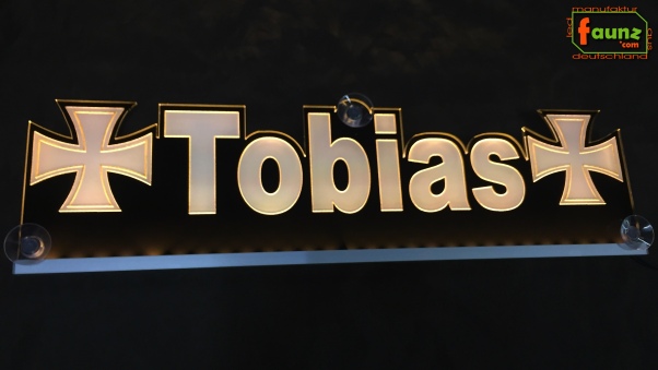 LED Namensschild Symbolik Eisernes Kreuz Gravur "Tobias" oder Wunschname als Konturschnitt - Truckerschild Neonschild Leuchtschild