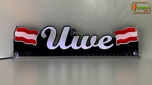 LED Namensschild Symbolik Flagge Österreich Gravur "Uwe" oder Wunschname + beliebige Fahne horizontal dreifarbig als Konturschnitt - Truckerschild Neonschild Leuchtschild