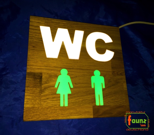 Preview: Holz - LED WC-Schild quadratisch "WC mit Piktogramm + getrennte Farbsteuerung Symbolik"  LED Toilettenschild - LED WC Schild