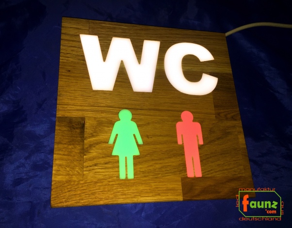 Holz - LED WC-Schild quadratisch "WC mit Piktogramm + getrennte Farbsteuerung Symbolik"  LED Toilettenschild - LED WC Schild