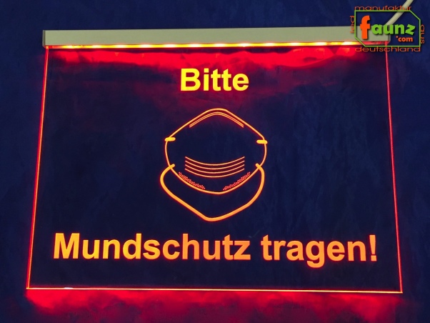 LED Leuchtschild Gesundheitswesen Medizin Sanität Gravur "Bitte Mundschutz tragen!" Coronaviren Infektion Hygiene Hinweisschild Signalschild Warnschild Warnzeichen
