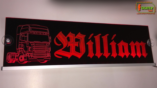 LED Namensschild Detailzeichnung Zugmaschine Gravur "William" in Frakturschrift Altdeutsch oder Wunschname auf Rechteckplatte - Truckerschild Neonschild Leuchtschild