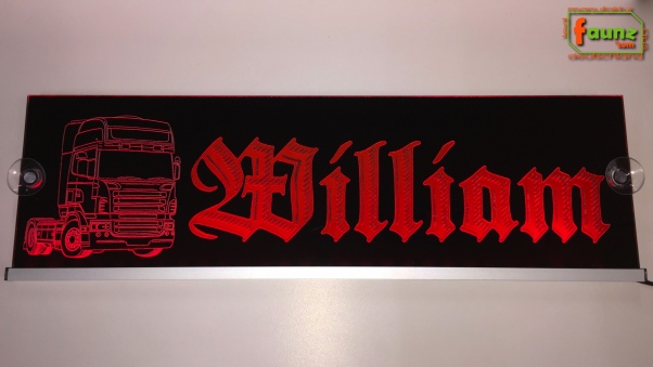 LED Namensschild Detailzeichnung Zugmaschine Gravur "William" in Frakturschrift Altdeutsch oder Wunschname auf Rechteckplatte - Truckerschild Neonschild Leuchtschild