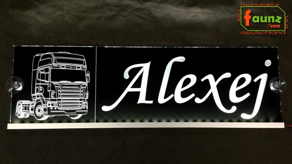LED Namensschild Detailzeichnung Zugmaschine Gravur "Alexej" oder Wunschname auf Rechteckplatte - Truckerschild Neonschild Leuchtschild