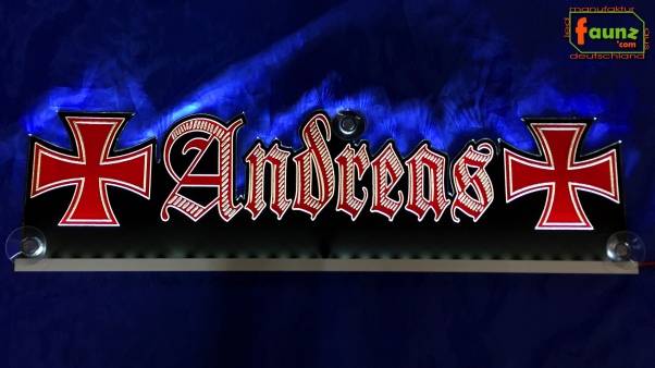 LED Namensschild Symbolik Eisernes Kreuz Gravur "Andreas" oder Wunschname als Konturschnitt - Truckerschild Neonschild Leuchtschild