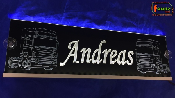 LED Namensschild Detailzeichnung Zugmaschine Gravur "Andreas" oder Wunschname auf Rechteckplatte - Truckerschild Neonschild Leuchtschild