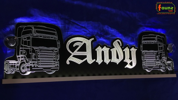 LED Namensschild Detailzeichnung Zugmaschine Gravur "Andy" oder Wunschname als Konturschnitt - Truckerschild Neonschild Leuchtschild