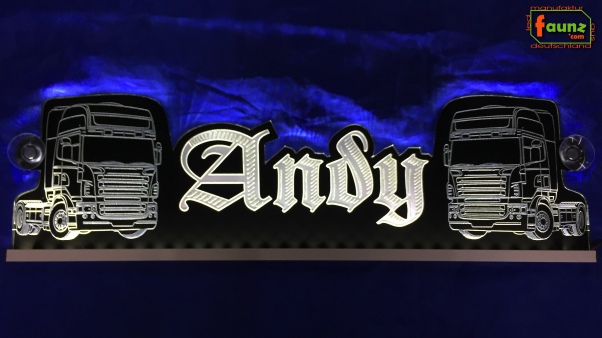 LED Namensschild Detailzeichnung Zugmaschine Gravur "Andy" oder Wunschname als Konturschnitt - Truckerschild Neonschild Leuchtschild