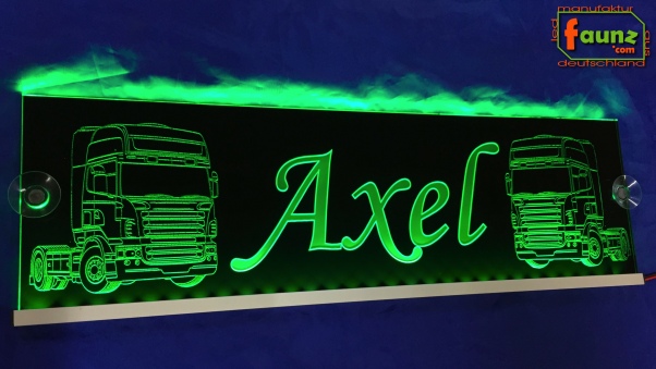 LED Namensschild Detailzeichnung Zugmaschine Gravur "Axel" oder Wunschname auf Rechteckplatte - Truckerschild Neonschild Leuchtschild