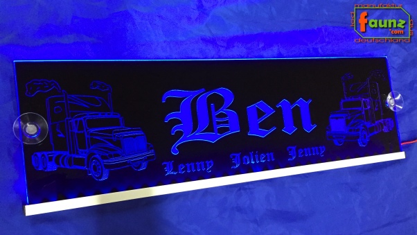 LED Namensschild Detailzeichnung Zugmaschine Gravur "Ben plus Kindernamen" oder Wunschname auf Rechteckplatte - Truckerschild Neonschild Leuchtschild