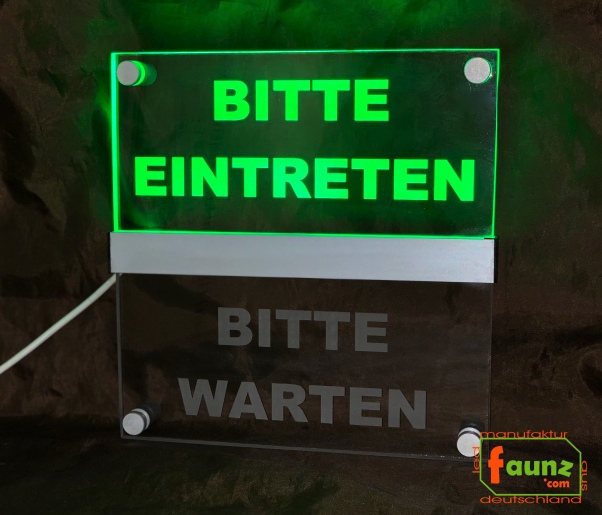 LED Hinweisschild " Bitte eintreten - Bitte warten ", Farbmodi getrennt steuerbar grün - rot. Wegweiser Leuchtschild Türschild