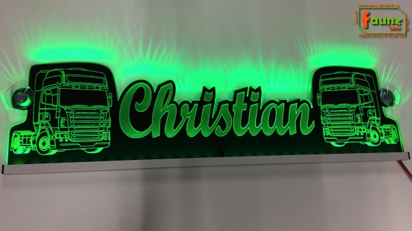 LED Namensschild Detailzeichnung Zugmaschine Gravur "Christian" oder Wunschname als Konturschnitt - Truckerschild Neonschild Leuchtschild