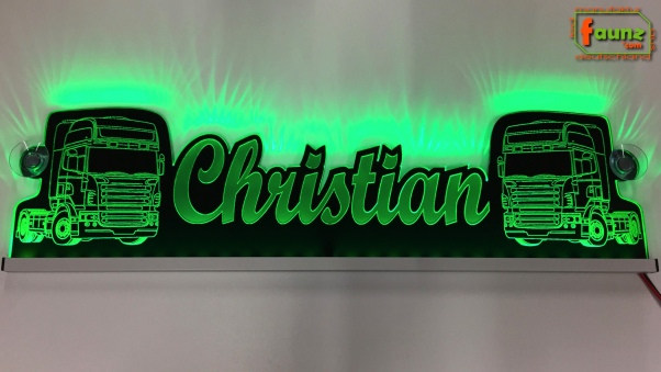 LED Namensschild Detailzeichnung Zugmaschine Gravur "Christian" oder Wunschname als Konturschnitt - Truckerschild Neonschild Leuchtschild