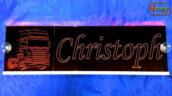 LED Namensschild Detailzeichnung Zugmaschine Gravur "Christoph" oder Wunschname auf Rechteckplatte - Truckerschild Neonschild Leuchtschild