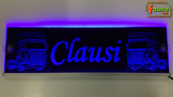 LED Namensschild Detailzeichnung Zugmaschine Gravur "Clausi" oder Wunschname auf Rechteckplatte - Truckerschild Neonschild Leuchtschild