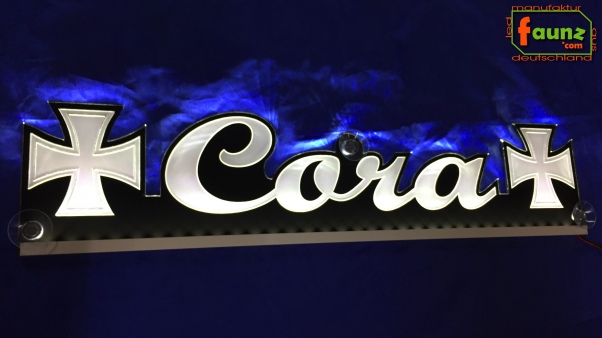 LED Namensschild Symbolik Eisernes Kreuz Gravur "Cora" oder Wunschname als Konturschnitt - Truckerschild Neonschild Leuchtschild