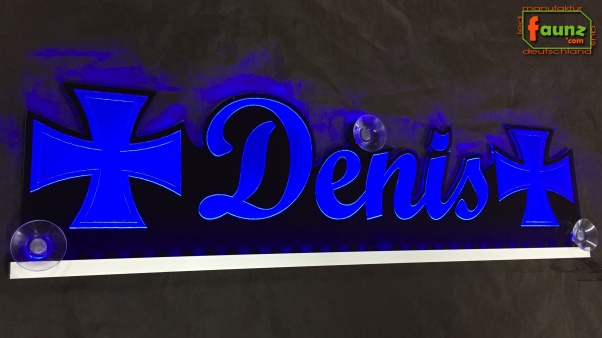 LED Namensschild Symbolik Eisernes Kreuz Gravur "Dennis" oder Wunschname als Konturschnitt - Truckerschild Neonschild Leuchtschild