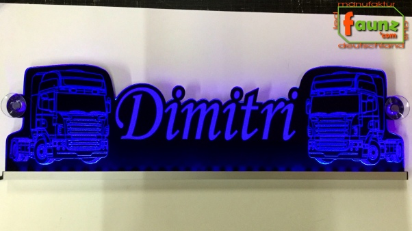 LED Namensschild Detailzeichnung Zugmaschine Gravur "Dimitri" oder Wunschname als Konturschnitt - Truckerschild Neonschild Leuchtschild