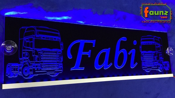 "LED Namensschild Detailzeichnung Zugmaschine Gravur ""Fabi"" oder Wunschname auf Rechteckplatte - Truckerschild Neonschild Leuchtschild"