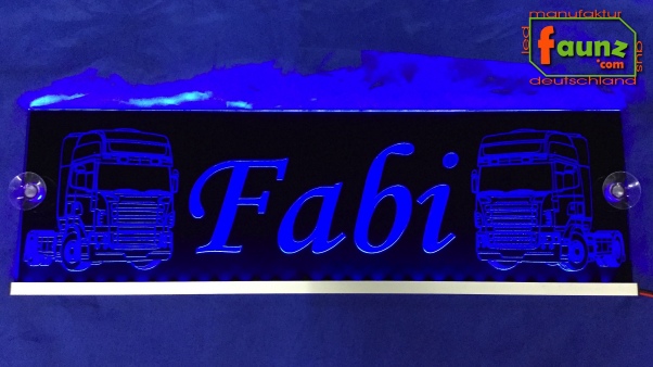 LED Namensschild Detailzeichnung Zugmaschine Gravur "Fabi" oder Wunschname auf Rechteckplatte - Truckerschild Neonschild Leuchtschild