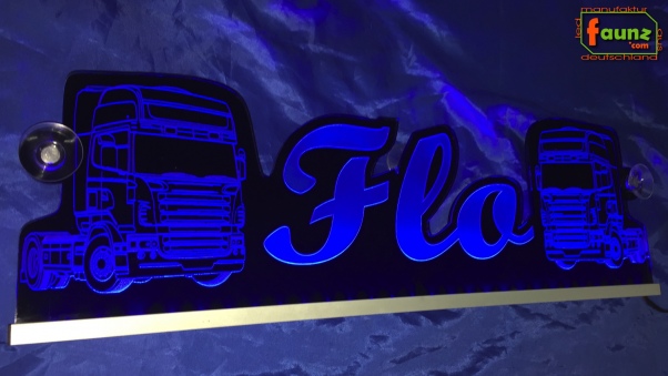 LED Namensschild Detailzeichnung Zugmaschine Gravur "Flo" oder Wunschname als Konturschnitt - Truckerschild Neonschild Leuchtschild