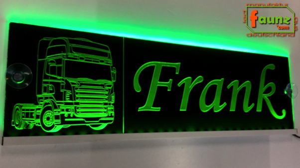 LED Namensschild Detailzeichnung Zugmaschine Gravur "Frank" oder Wunschname auf Rechteckplatte - Truckerschild Neonschild Leuchtschild