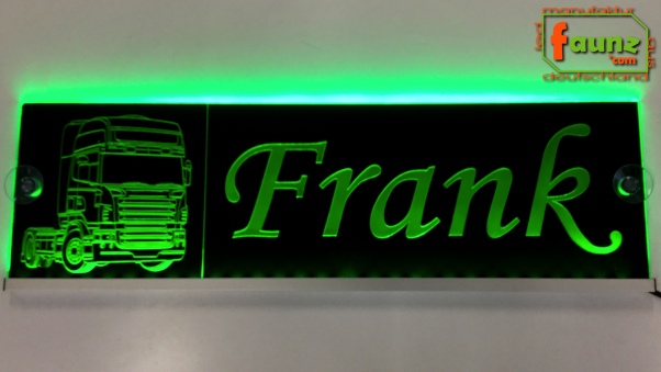 LED Namensschild Detailzeichnung Zugmaschine Gravur "Frank" oder Wunschname auf Rechteckplatte - Truckerschild Neonschild Leuchtschild
