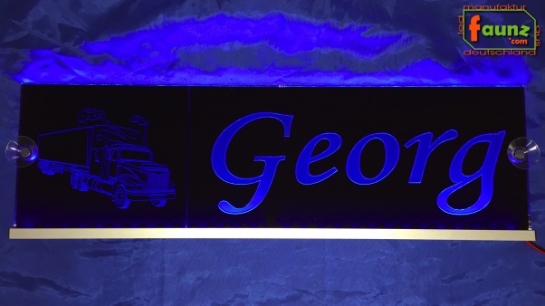 LED Namensschild Detailzeichnung Zugmaschine Gravur "Georg" oder Wunschname auf Rechteckplatte - Truckerschild Neonschild Leuchtschild