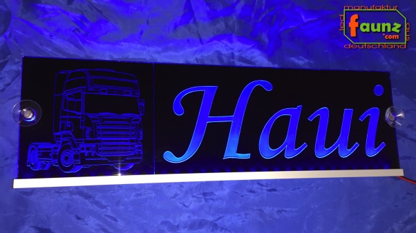 LED Namensschild Detailzeichnung Zugmaschine Gravur "Haui" oder Wunschname auf Rechteckplatte - Truckerschild Neonschild Leuchtschild