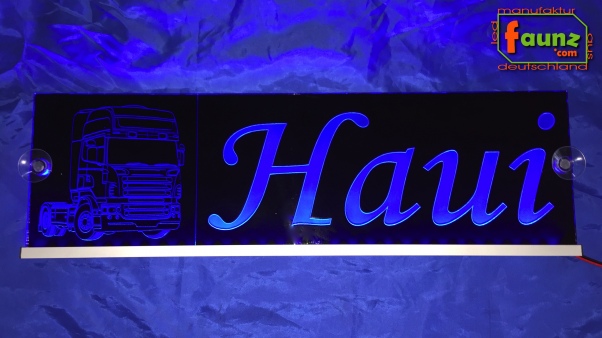 LED Namensschild Detailzeichnung Zugmaschine Gravur "Haui" oder Wunschname auf Rechteckplatte - Truckerschild Neonschild Leuchtschild