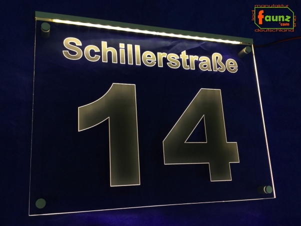 Preview: LED Hausnummer Ziffer + Straßenname "14" - individuelle Gravur Hausnummernleuchte Hausnummernschild Außenwandleuchte Außenlampe Leuchtschild