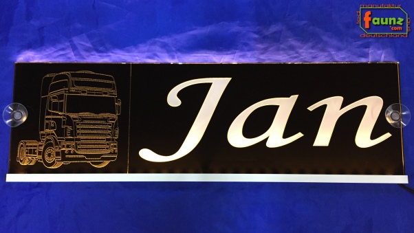 "LED Namensschild Detailzeichnung Zugmaschine Gravur ""Jan"" oder Wunschname auf Rechteckplatte - Truckerschild Neonschild Leuchtschild"