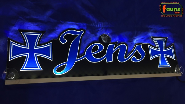 LED Namensschild Symbolik Eisernes Kreuz Gravur "Jens" oder Wunschname als Konturschnitt - Truckerschild Neonschild Leuchtschild