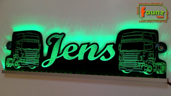 LED Namensschild Detailzeichnung Zugmaschine Gravur "Jens" oder Wunschname als Konturschnitt - Truckerschild Neonschild Leuchtschild