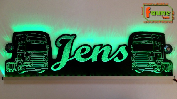 LED Namensschild Detailzeichnung Zugmaschine Gravur "Jens" oder Wunschname als Konturschnitt - Truckerschild Neonschild Leuchtschild